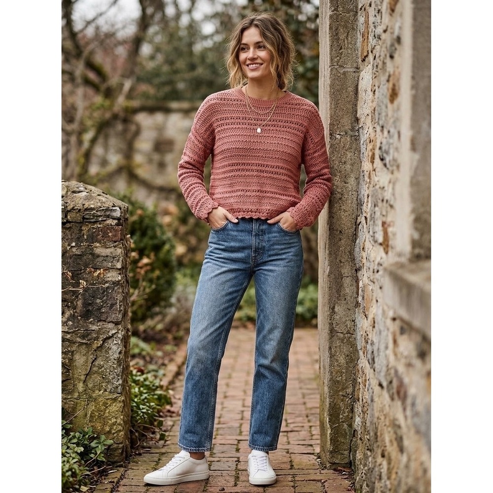 Abercrombie & Fitch Pink Crochet Knit Long Sleeve Scalloped Sweater XS
